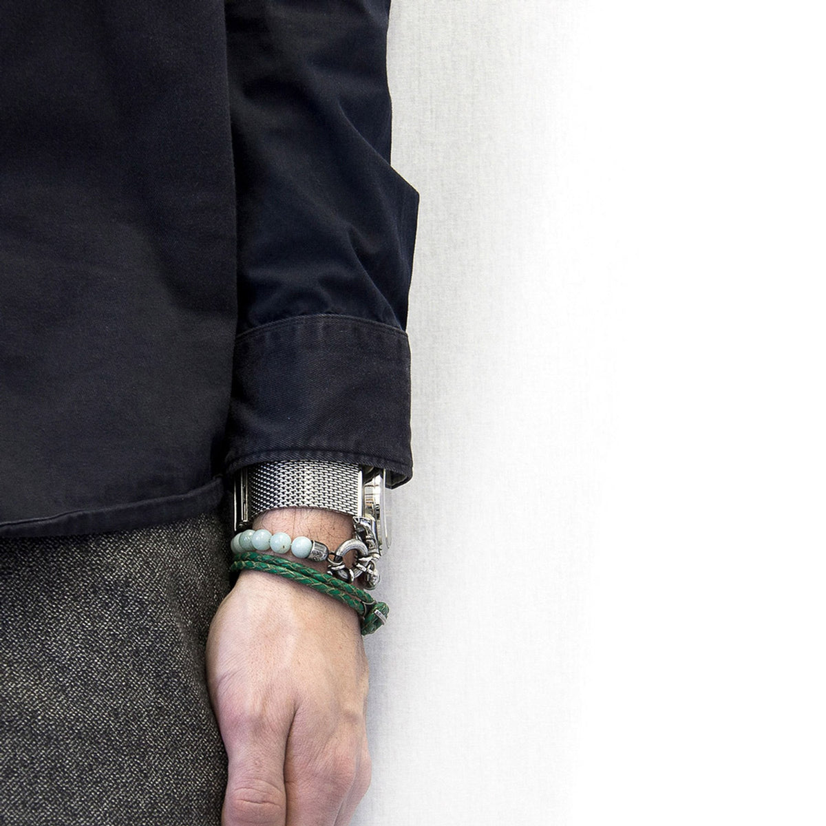 Padstow Silberarmband aus geflochtenem Leder – Farngrün – Produktansicht 4