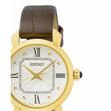 Goldene Seiko Damenuhr Edelstahl mit braunem Lederarmband, zeitlose Eleganz und Präzision