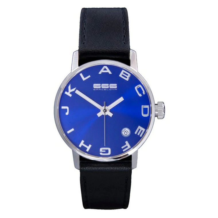 666 Barcelona 666-274 Unisex-Uhr mit blauem Zifferblatt und schwarzem Lederarmband
