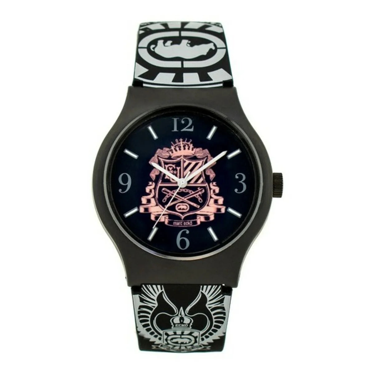 Marc Ecko E06511M2 Unisex-Uhr mit schwarzem Gehäuse und bedrucktem Silikonarmband