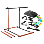 Pack Klimmzug- und Fitnessstation mit Übungsanleitungen und Satz regulierbaren Stretchbändern mit Accessoires und Übungsleitfade