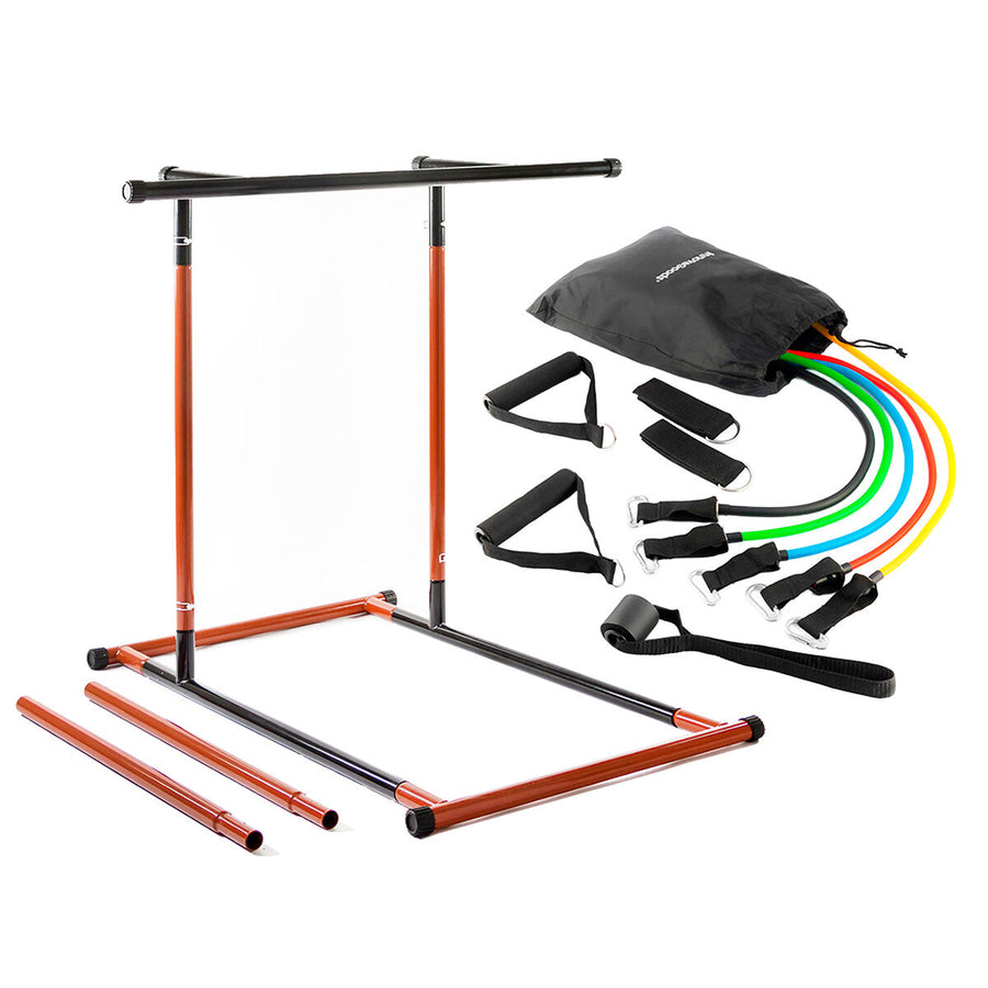 Pack Klimmzug- und Fitnessstation mit Übungsanleitungen und Satz regulierbaren Stretchbändern mit Accessoires und Übungsleitfade