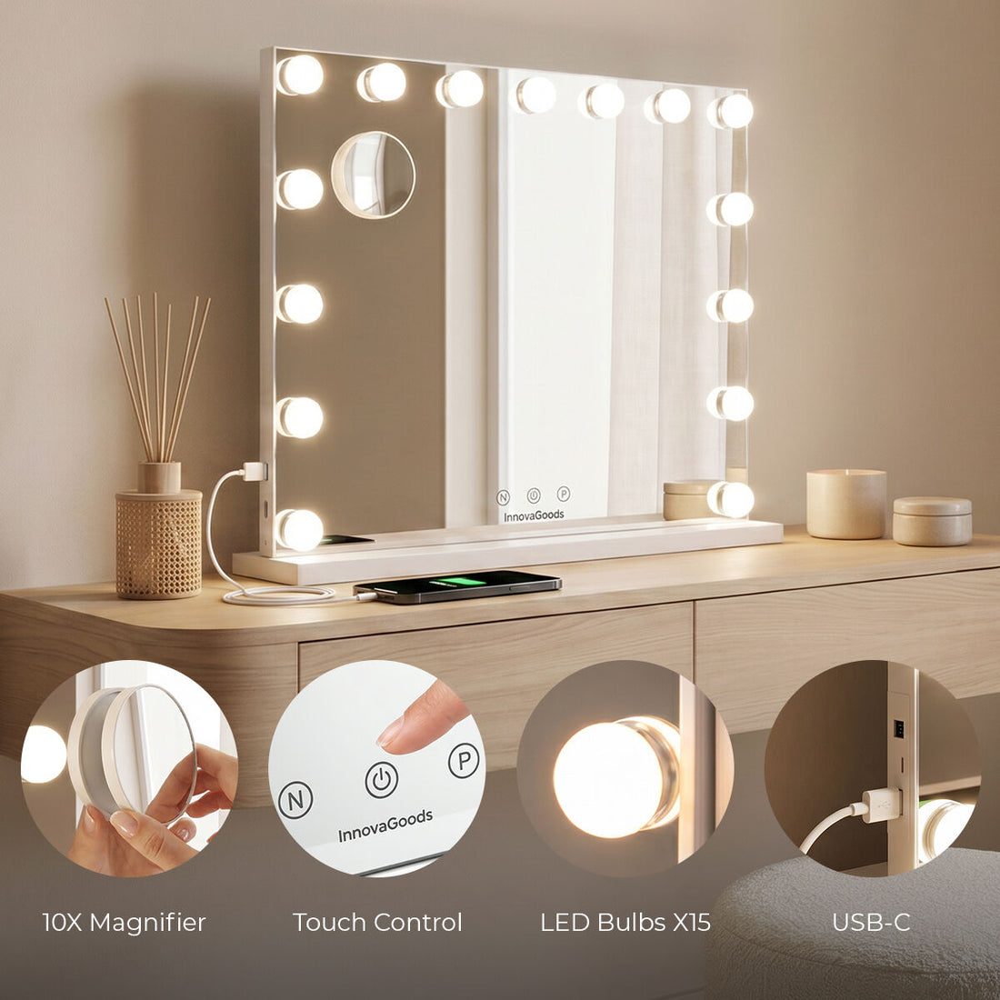 Schminkspiegel mit LED Hollywood Glimma Deluxe  15 Glühbirnen – Detailansicht 4