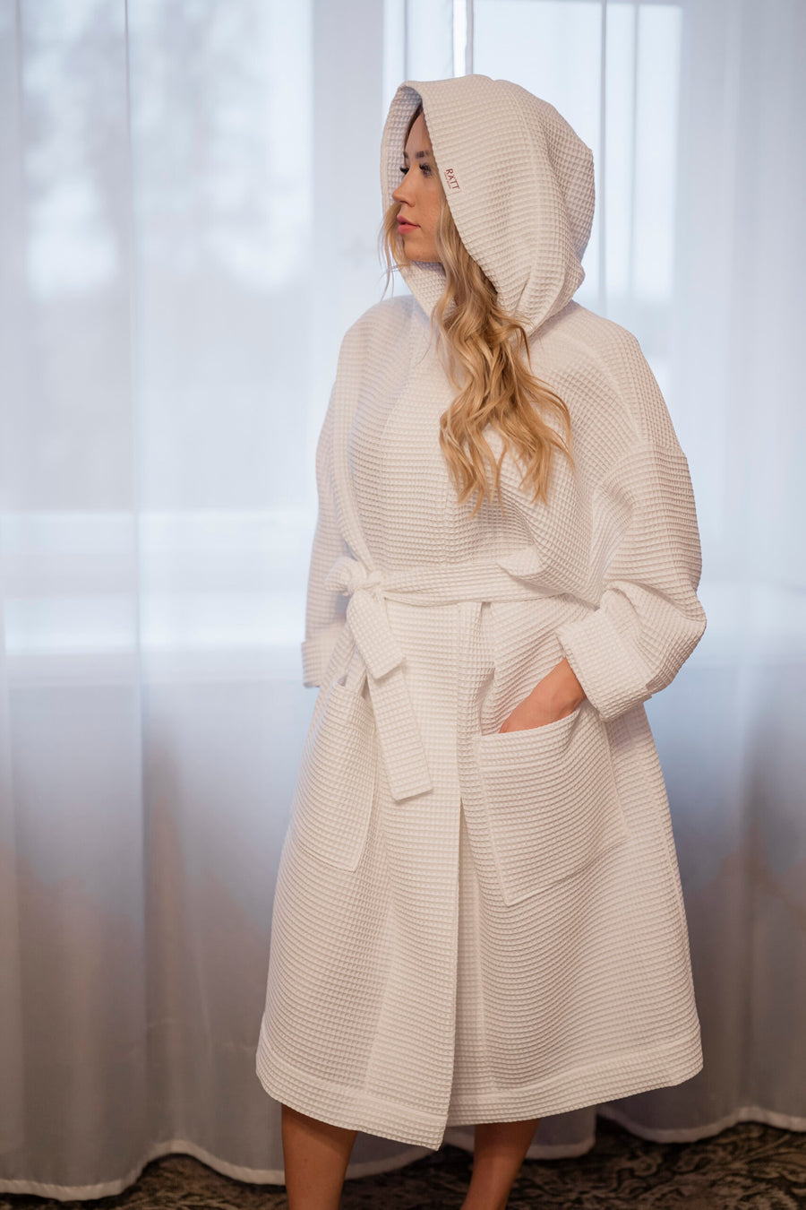 Unisex-Kapuzenbademantel aus Waffelbaumwolle – Hellgrau