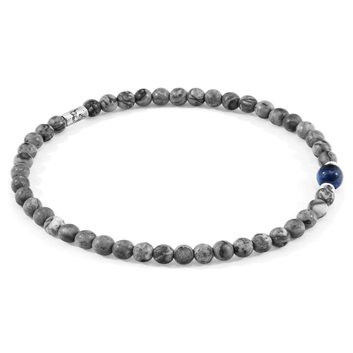 Walter Skinny-Silberarmband mit Steinperlen – Grauer Jaspis & Blauer Sodalith
