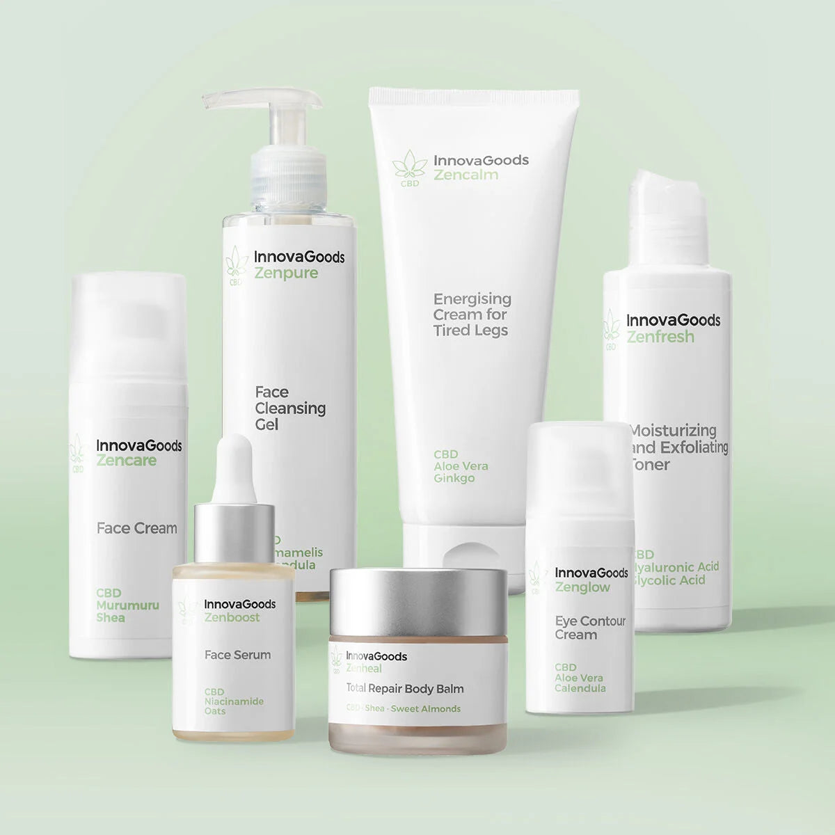 CBD Pflegeroutine mit sieben Produkten für Gesicht und Körper